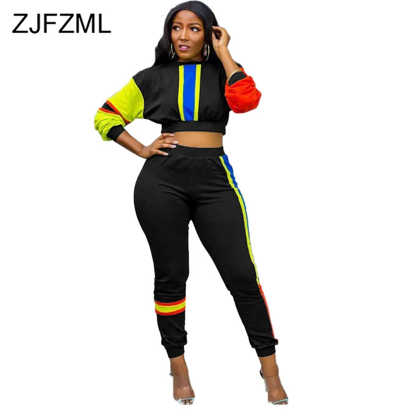 

Color Block Spliced 2 Piece Matching Set Women O Neck Long Sleeve Crop Top And Bandage Pant Sweatsuit Autumn Two Piece Tracksuit