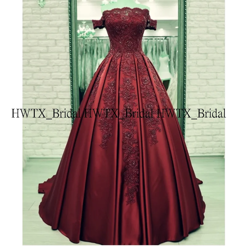 HWTX_Bridal Бальные платья с вырезом лодочкой, Королевский синий цвет, с открытыми плечами, с аппликацией из бисера, атласное бургундское бальное платье, милое 16 платье для выпускного вечера