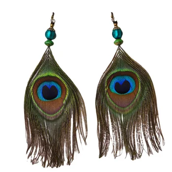 

1 Pair of Peacock Feather Shape Earrings Long Ear Pendant Ethnic Style Ear Drop
