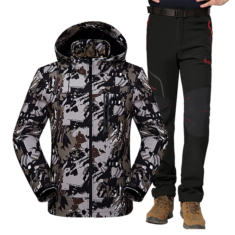 Флисовая Куртка мужская теплая флисовая походная куртка и штаны для улицы водонепроницаемая куртка дождевик для рыбалки кемпинга походная куртка набор - Цвет: Black ash   Black