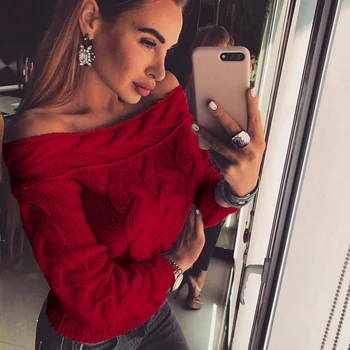 

New Autumn Winter Long Sleeve Pullovers Women Sexy Off Shoulder Knitted Sweater Fashion Lady Sweater Tops