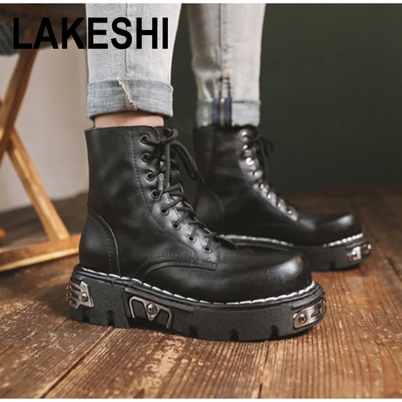 Black Style Platform Men's Ankle Boots Lace Up Zipper Autumn Winter Motorcycle For Goth Chunky Shoes Metal Decor