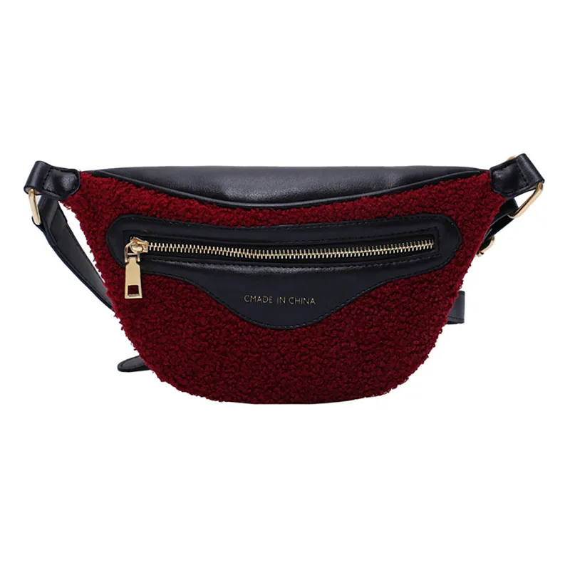 Бургундия Wool Plush Waist Bags Women Money Belt Bags Luxury Design Ladies Chain Waist Packs Purse Female Shoulder Fanny Bags#40 - Цвет: Бургундия