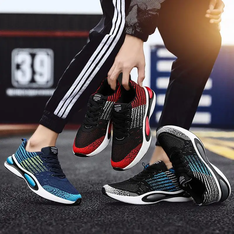

Jinjiang Shoe Men's Fly Netting Surface Light Bottom Shock Absorption Sports Running Shoes Trend Black Red Breathable Shoes Larg
