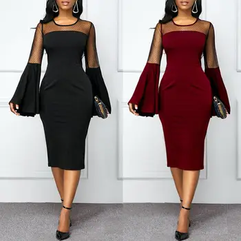 

Hot Office Lady O Neck Long Ruffled Flared Sleeve Mesh Stitching Bodycon Midi Dress