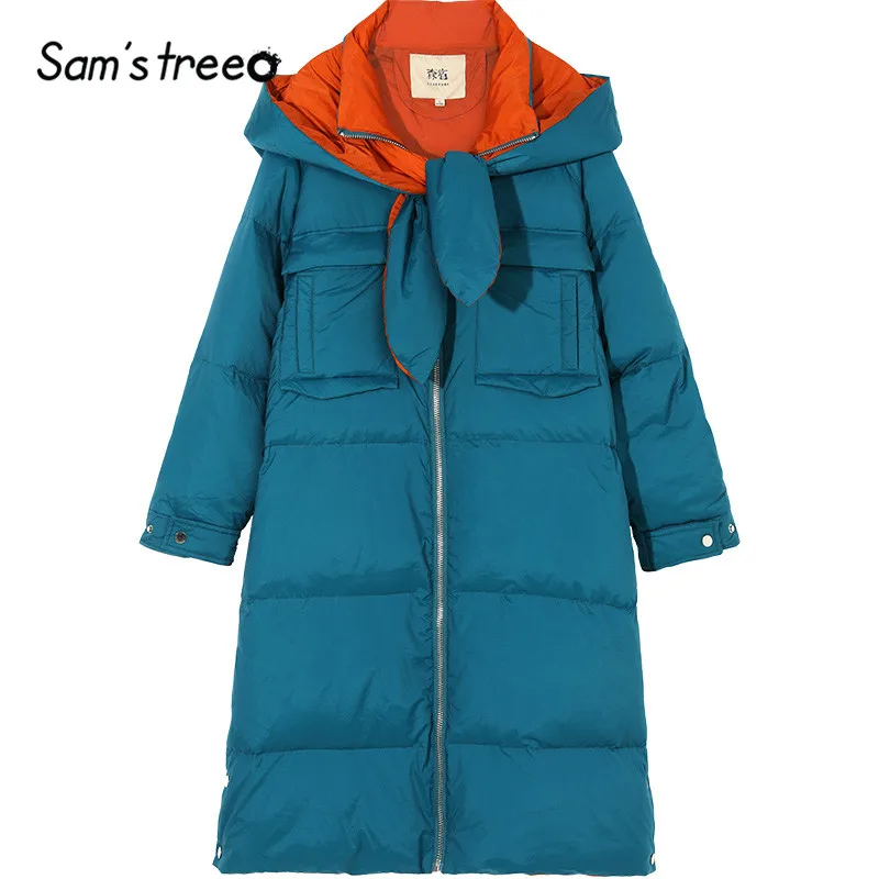 SAM'S TREE павлин синий однотонный бант спереди прямой теплый пуховик для женщин зима корейский Офис Леди Повседневная Верхняя одежда