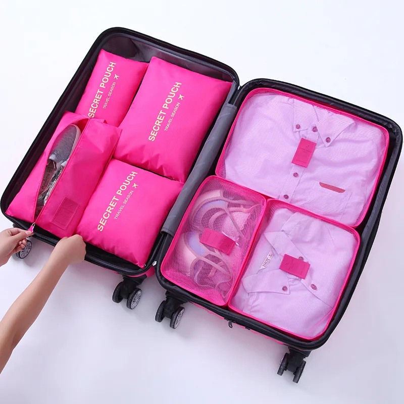 Hot Fashion Travel Waterproof Clothes Storage bags Luggage Pouch Packing Cube Solid Portable Organizer 7 pcs/set - Цвет: rose