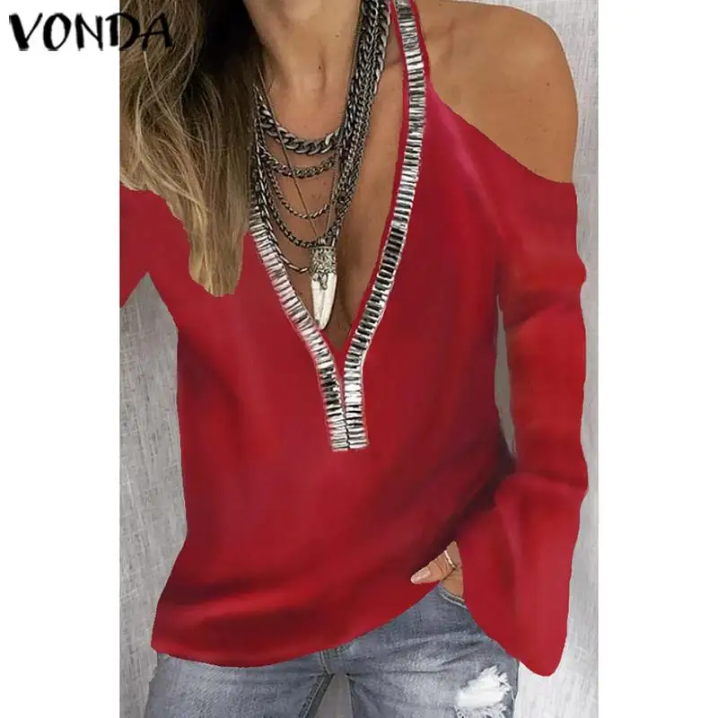 

VONDA Women Sexy Shirts And Tops 2020 Deep V Neck Sequins Blouse Female Autumn Shirt Elegant Off Shoulder Blouse Plus Size Blusa