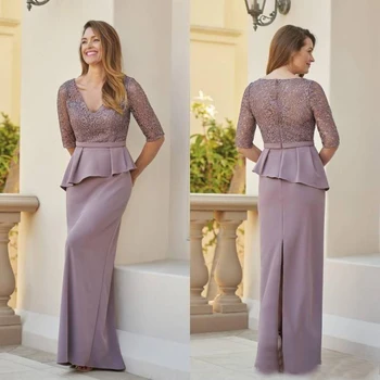 

New Elegant Sheath Lace Half Sleeve Plunge V Neckline Mother of the Bride Dresses With Peplum Wedding Guest Gowns Back Slit