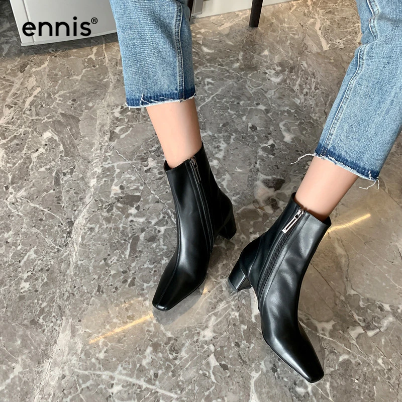 ENNIS/брендовые красные ботинки женские ботильоны из натуральной кожи на толстом каблуке и молнии модная обувь черного и бежевого цвета Новинка, A9227