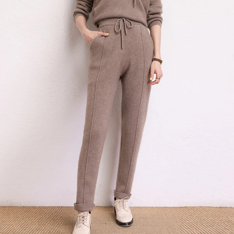 

LONGMING 100% Cashmere Women Knitted Pants Autumn Winter Sweater Trousers Straight Leg Vintage Long Pants Female Cargo Pants Y2K