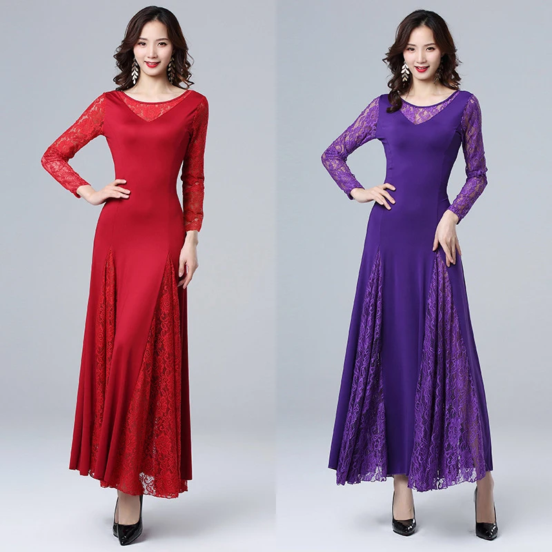

Adult Long Sleeve Lace Stitching Modern Dance Dress Dance Competition Big Skirt Dress Modern Dancing Clothes Practice