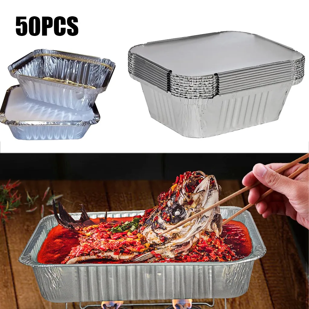 Set of 50pcs baking tin cartons Foil Pans With Lids Aluminum with Covers Disposable Food Containers Stainless Steel |