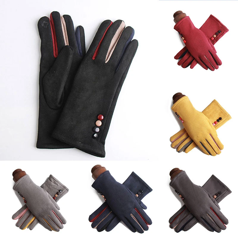 

Full Finger Gloves Buttons Riding Cycling Mittens Suede Leather Single Layer Warm Imitation Cashmere Touch Screen Driving Gloves