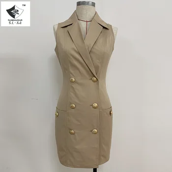 

2020 Spring and Summer EUR&USA Hot Double Breasted Lion Buckle Simple Slim Suit Skirt Sleeveless Vest Dress