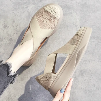 

2020 Med 5cm Lace sandals women's Fashion Mesh Casual Slip-On Embroider Cover Heel Flat with Lace flat platform sandals summer