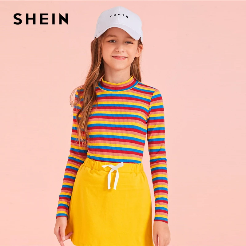 SHEIN/Детская разноцветная полосатая трикотажная футболка в рубчик; одежда для подростков; коллекция года; сезон осень; Детские повседневные Топы И Футболки с длинными рукавами