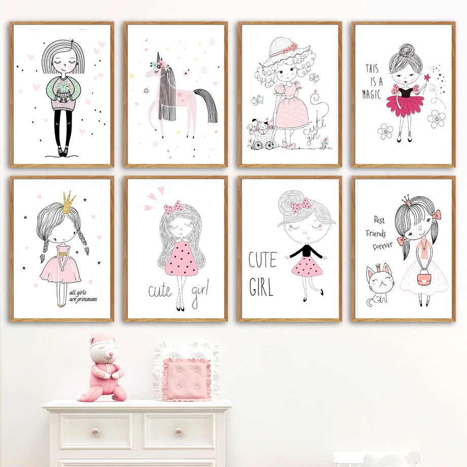 

Girl Unicorn Cat Elf Princess Cartoon Wall Art Print Canvas Painting Nordic Canvas Posters And Prints Wall Pictures Kids Room