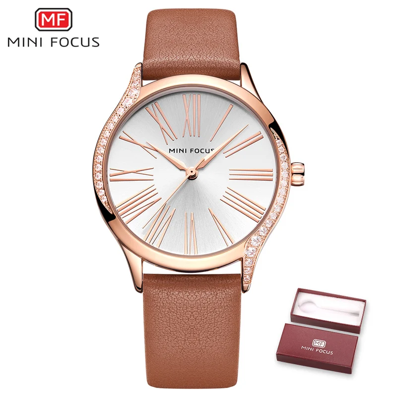 MINIFOCUS, классические, элегантные, синие, кожаные, женские часы, Iced Out, кварцевые, женские часы, водонепроницаемые, простой дизайн, модные, женские часы - Цвет: BOX BROWN RG