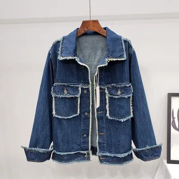 

Spring Loose Harajuku Frayed Tassel Burrs Denim jacket Women Vintage Dark blue Big pocket Jeans Coat 2020 Fashion Vetement femme