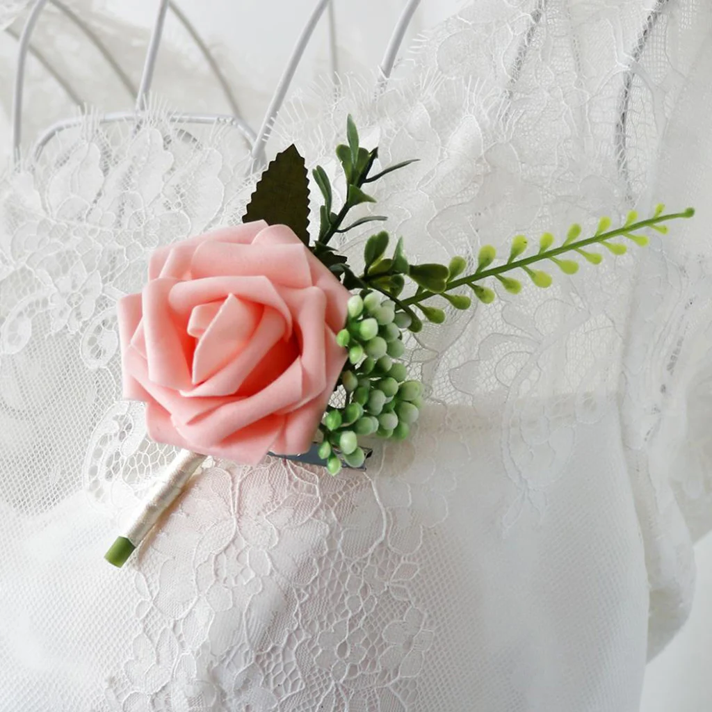 Wedding Boutonniere Artificial PE Rose Flowers Corsages for Bride Groom Groomsmen  Bouquet Brooch Wedding Home Decors 