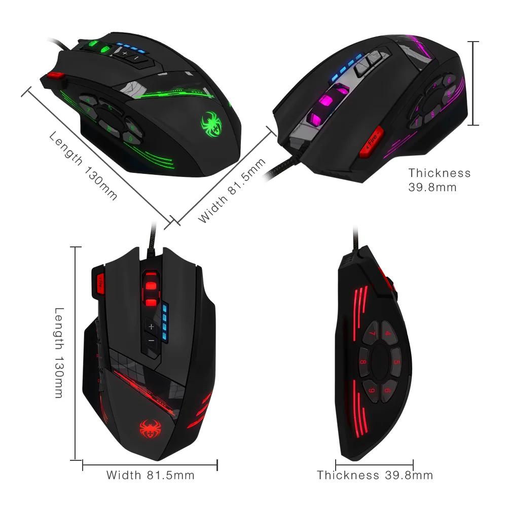 Wired Mouse USB Optical Gaming Mouse 12 Programmable Buttons Computer Game Mice 4 Adjustable DPI 7 LED Lights