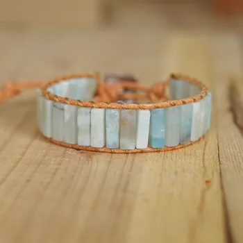 

Natural Stone Amazonite Beaded Leather Wrap Bracelet & Bangle Women Men Chakra Bohemia Charm Bracelet Handmade Jewelry Gift