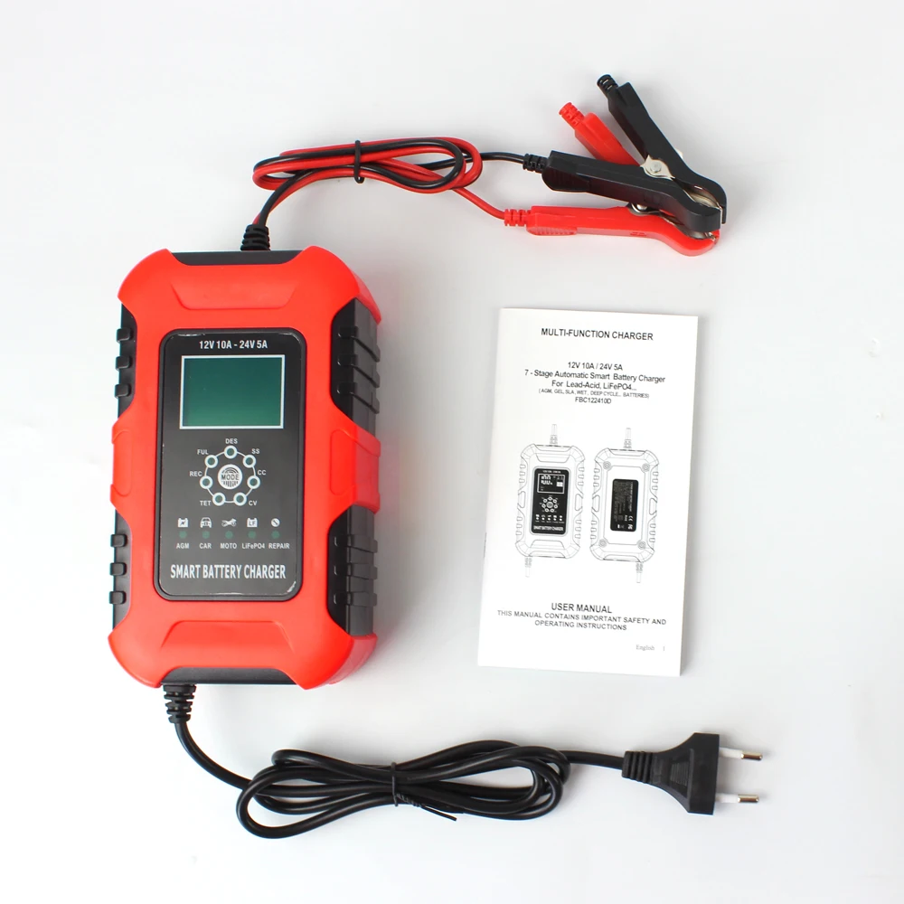 12V 24V 10A Automatic Smart Battery Charger, LiFePO4 Fast Battery Charger,  Car Battery Charger for GEL WET AGM Battery