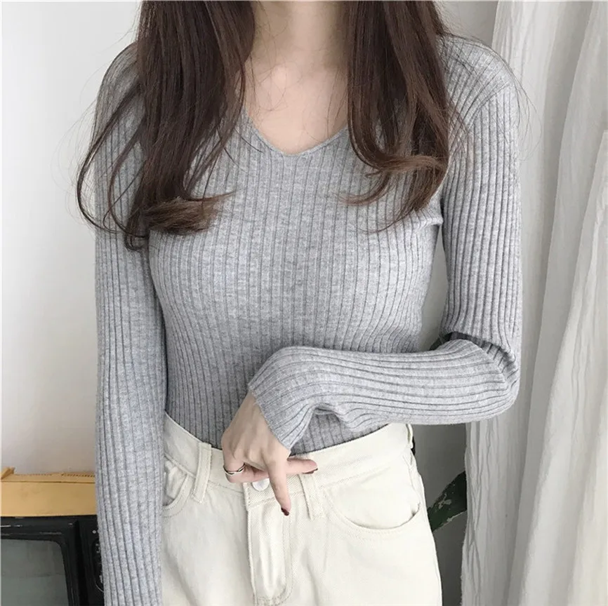 

Winter Sweater Women V-Neck Solid Long Sleeve Solid Knitt Sweater Pullover Top Luxury Sweaters For Women Elasticity Pullovers