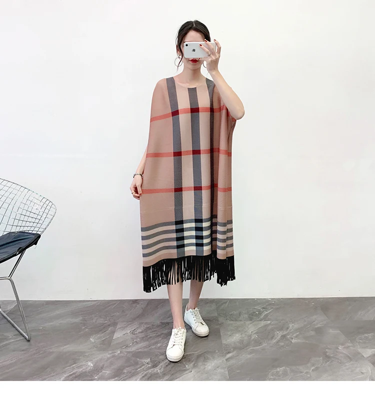 Горячая Miyake модное складное платье с коротким рукавом и О-образным вырезом, свободное платье с кисточками