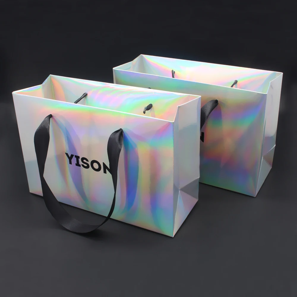 

Custom Printed Premium Paper Bag Glitter Holographic Rainbow Paper Shopping Gift Bag With DIY Logo Custom Logo Shopping Bag