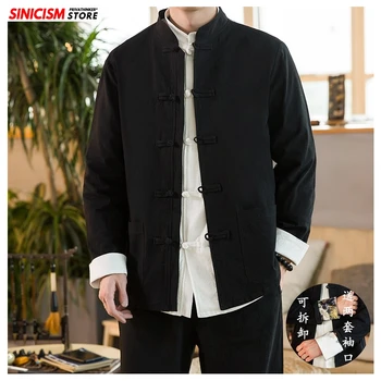 

Sinicism Store Men's Cotton Linen Tang Clothes Jackets Men Chinese Style Two-piece Set Solid Coats Male Oversize Buckle Clothing
