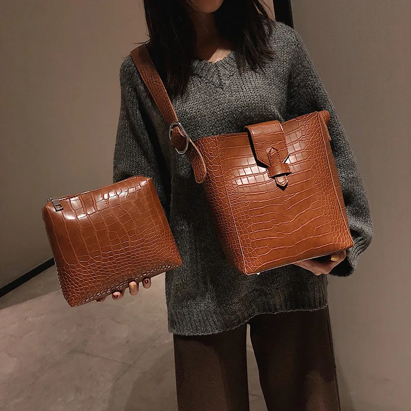 

Stone pattern bucket bag two-piece high-capacity fashion shoulder slung women's bag