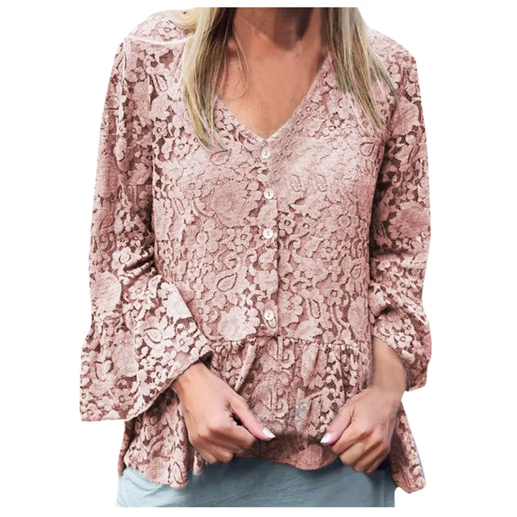 35 # Женская кружевная блузка с расклешенным рукавом розовые топы v образным
