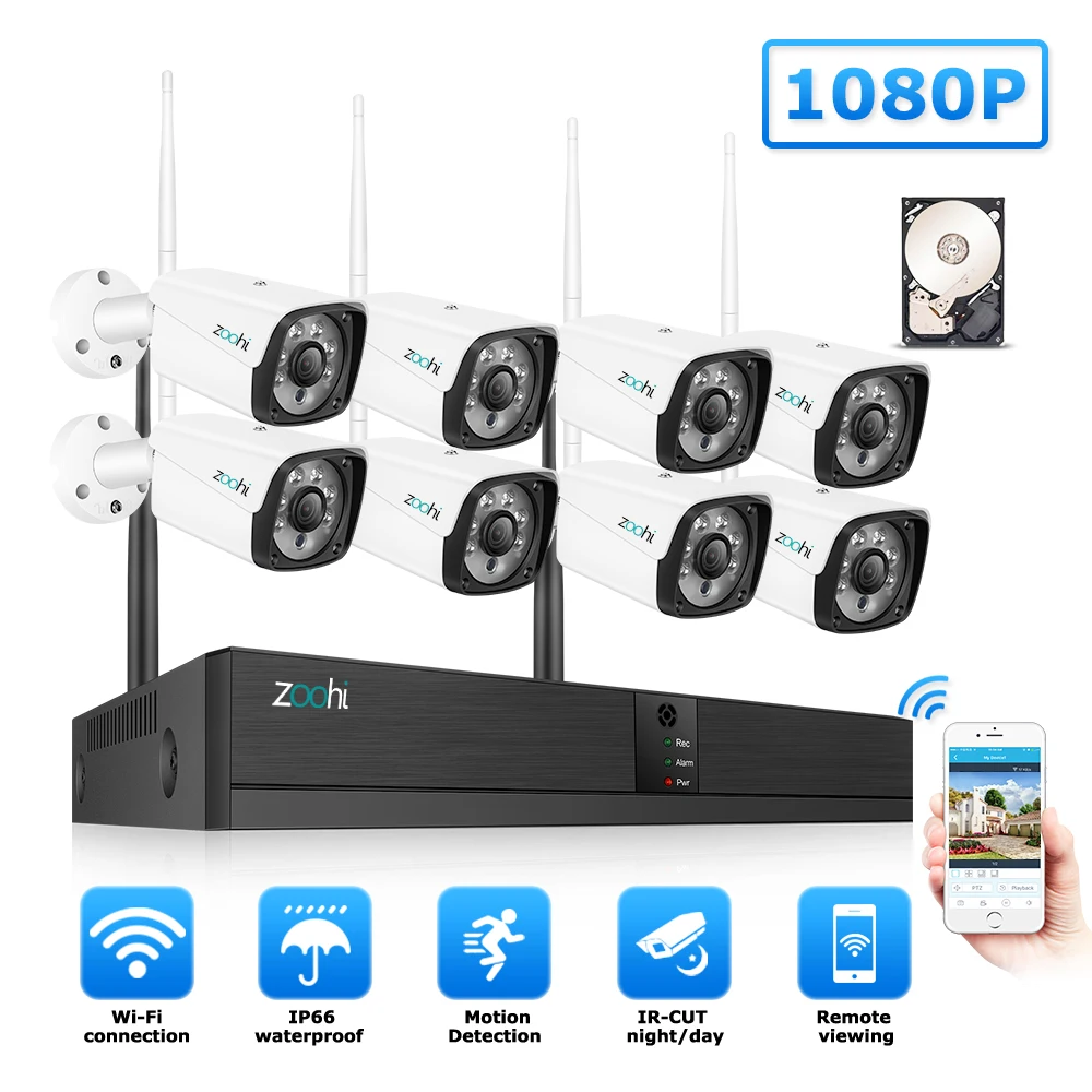 

Zoohi Surveillance Camera System 1080P 2MP CCTV Home Security Camera System 8CH Outdoor WIFI Camera Security System Night Vision