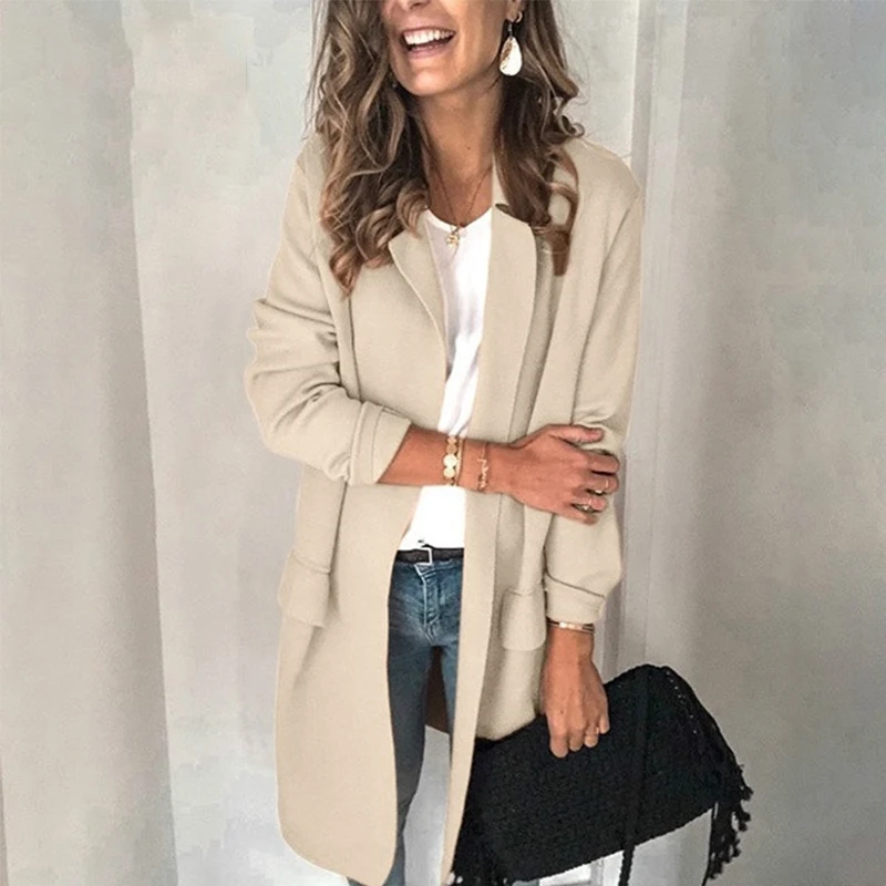 01 Beige Осеннее пальто с длинным рукавом и накладными карманами, зимняя куртка с отложным воротником, повседневное пальто простого размера плюс, верхняя одежда, ветровка 3XL - Цвет: 01 Beige
