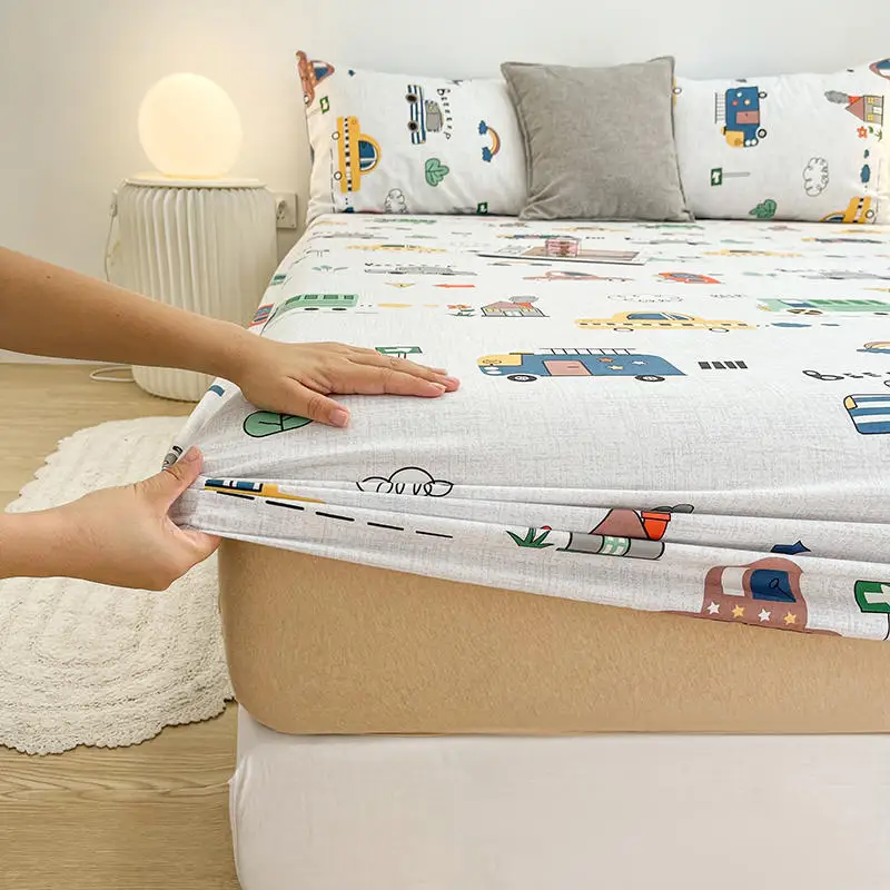 Bonenjoy 1pc Pure Cotton Fitted Bed Sheet With Elastic Cartoon Car Print Bed Cover Single Queen Size Bottom Sheet(No Pillowcase) 4