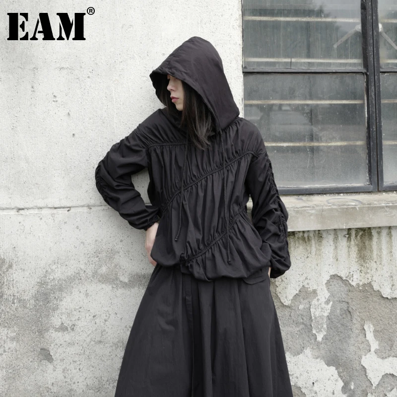 [EAM] Women Black Pleated Split Temperament Big