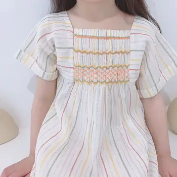 

Girls dresses Bright silk braided vertical stripes fashion simple girl dress loose and comfortable summer dress