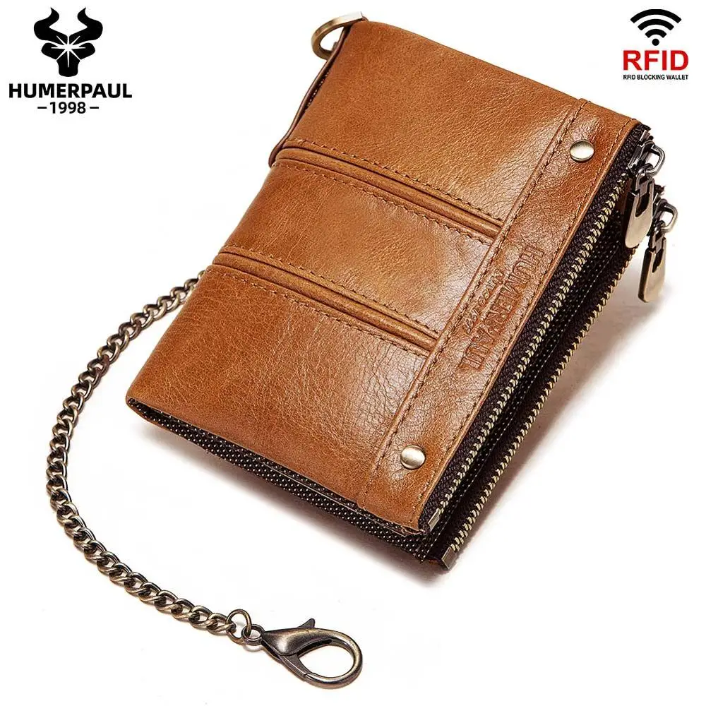 HUMERPAUL Men's Wallet New RFID Anti-Magnetic Wallet Real Cowhide Men's Multi-Function Double Zipper Coin Purse