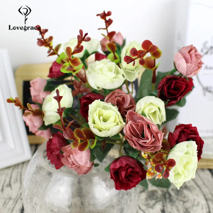 red Lovegrace, искусственные шелковые цветы, 21 головка, Ретро стиль, роза, сделай сам, букет невесты, Бордовые цветы, для дома, вечерние, для комнаты, Свадебный декор, искусственные розы - Цвет: red