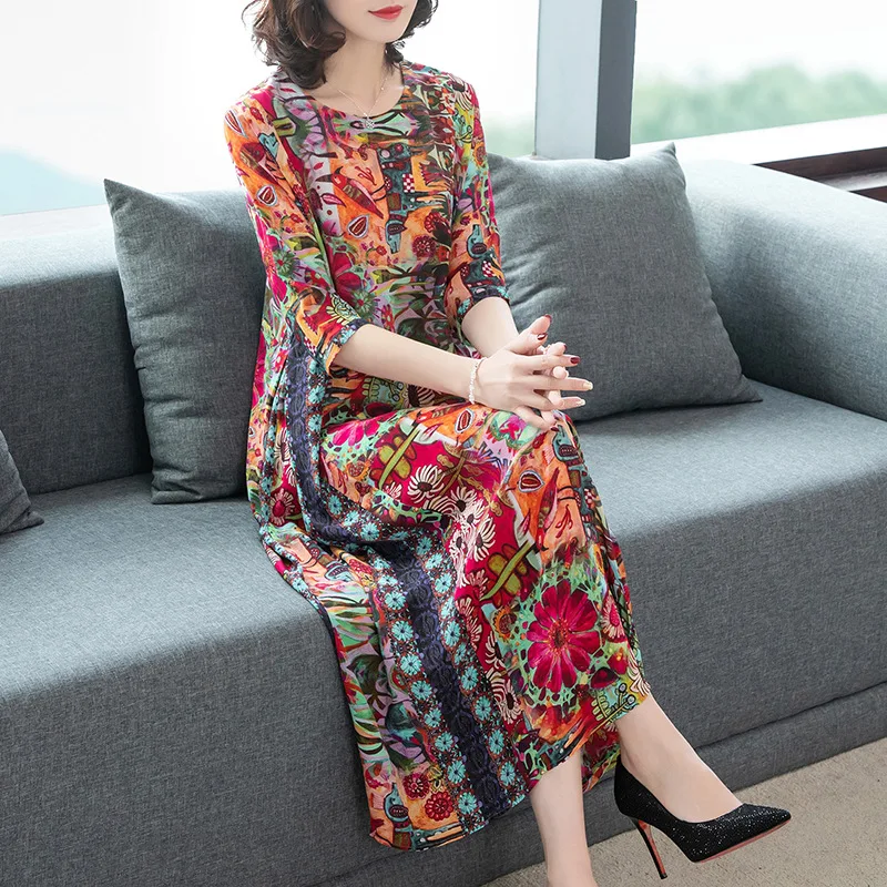 

2019 Spring New Products Women's Half-sleeve Shirt Elegant Floral Silk Dress Loose Waist Slimming Mulberry Silk Long Skirts
