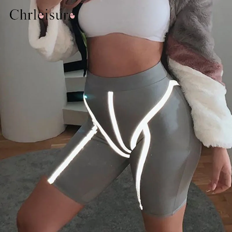 

Chrleisure Women's Gray Reflective Stripes Stitching Fashion Casual Pants Five Pants Elastic Ladies Tights