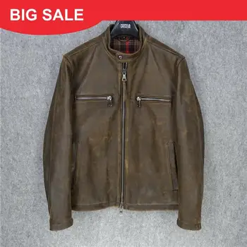 

2020 American Style Vintage Brown Men Biker's Leather Jacket Genuine Thick Cowhide Autumn Slim Fit Motorcycle Leather Coat