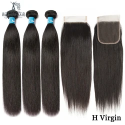 Amanda Unprocessed Virgin Human Hair Straight Super Double Drawn Hair Bundle with Closure 4x4