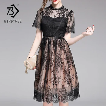 

Summer Women Mesh Dress 2019 Vintage Slim Waist Knee-length Zipper Lace Splice Dresses Female D9N104Q