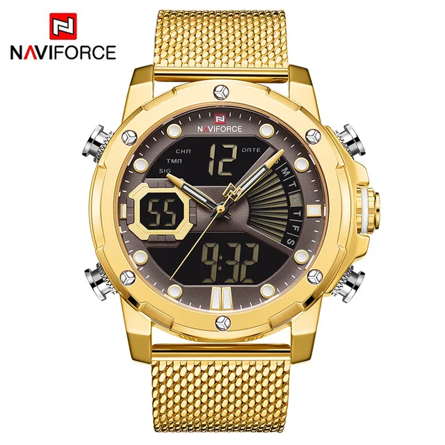 gold NAVIFORCE, Роскошные мужские часы, кварцевые, стальной ремешок, военный, светодиодный, цифровые, спортивные наручные часы, водонепроницаемые часы, Relogio Masculino - Цвет: gold