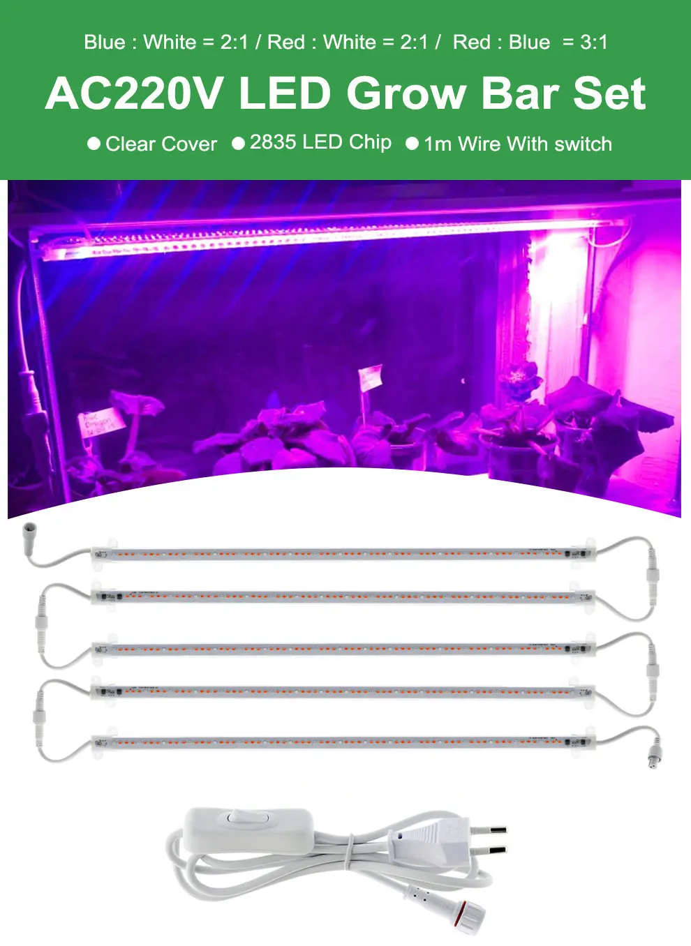 Details about   220V LED Grow Light Full Spectrum 72LED Plant Light Bar Waterproof Connector UV 
