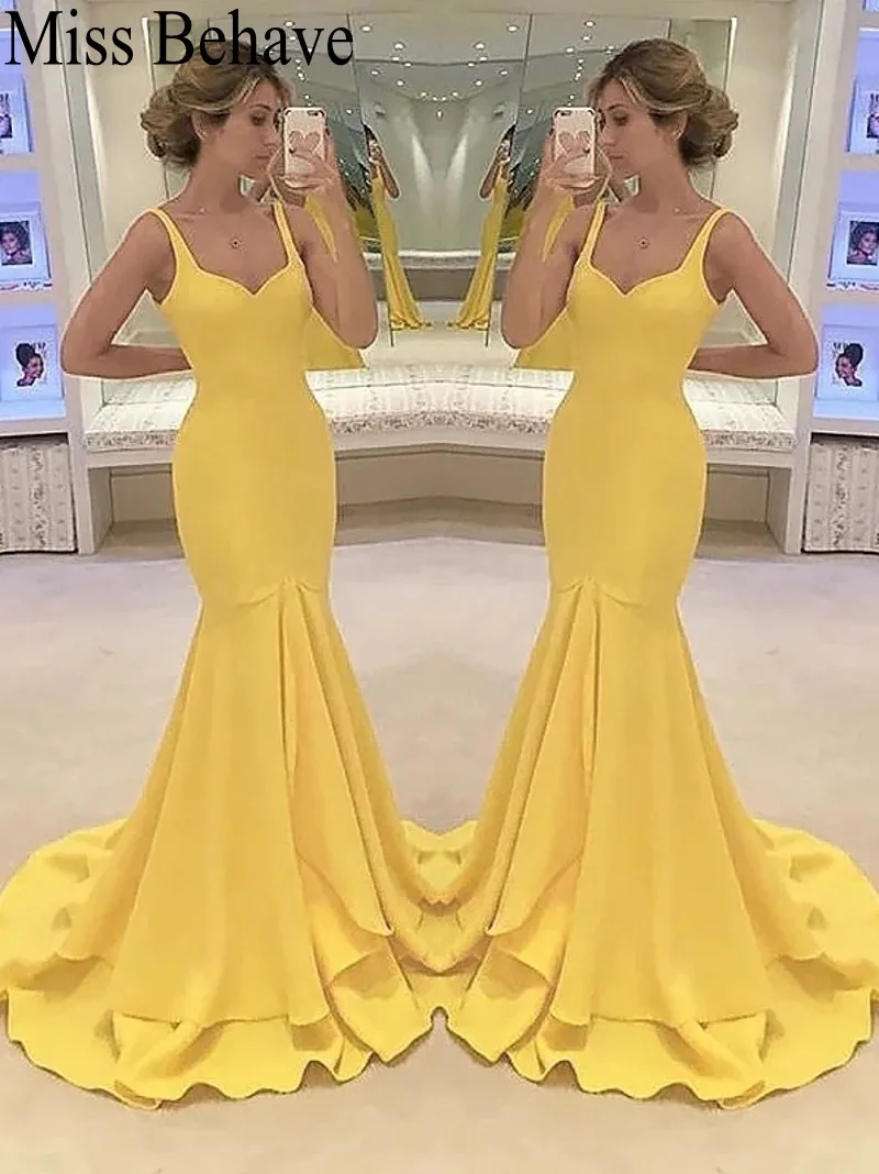 

DD JYOY Yellow Evening Dress with Train Mermaid Long Elegant Evening Dress Party Gowns Simple Design robe soiree