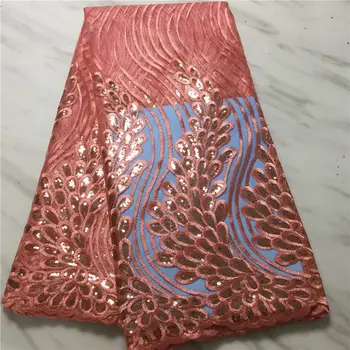 

African Sequins Lace Fabric 2020 High Quality French embroidery Tulle Lace Nigerian Lace Fabrics For Wedding dresses Pink